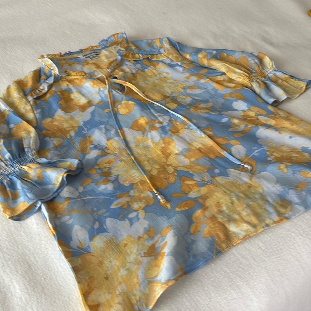 Counterparts Blue and Yellow Floral Blouse , Elbow Sleeve, size Large